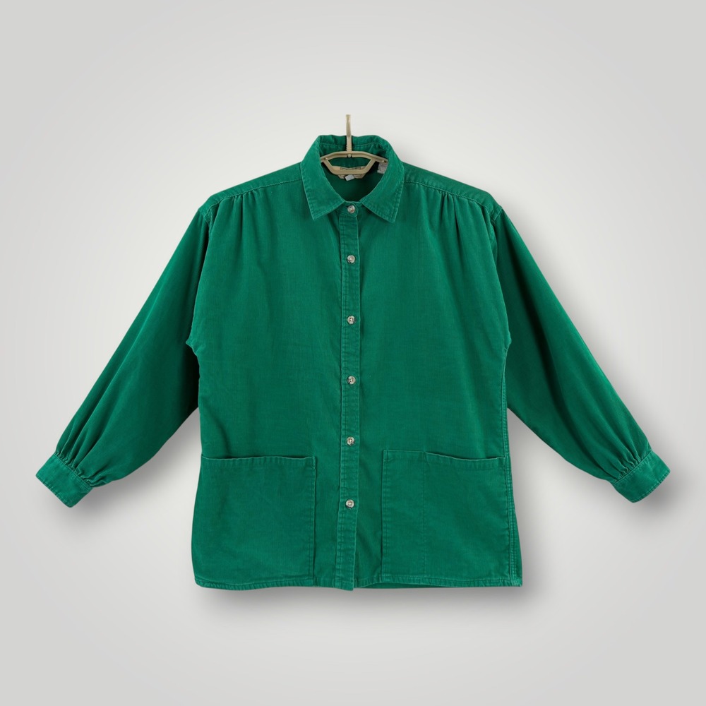 Vintage LL Bean Green Corduroy Button Down Shirt Womens M Made in USA Pockets